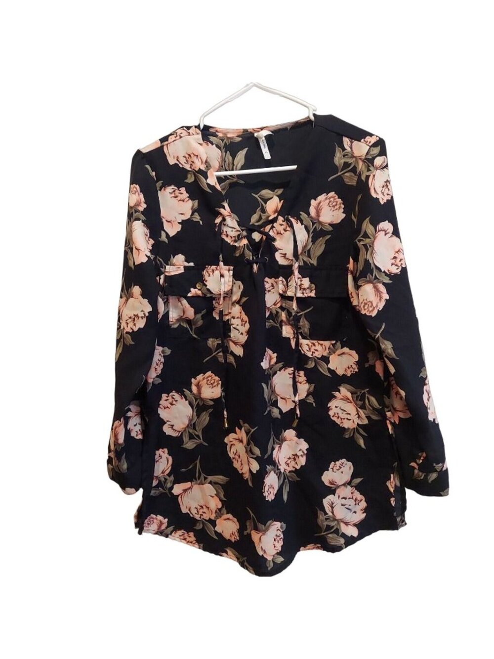 Live 4 Truth Blouse Size M Black Floral Rose Tunic cuff button tab roll sleeve